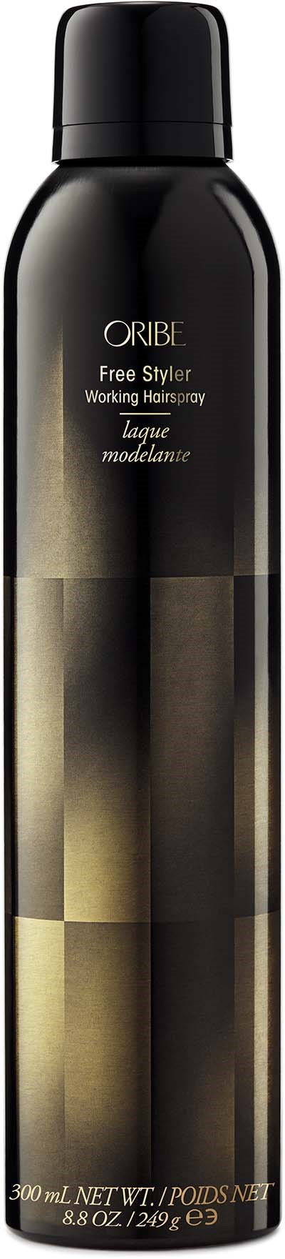 En svart og gull sprayflaske med merket 'ORIBE' og en elegant, avrundet top.