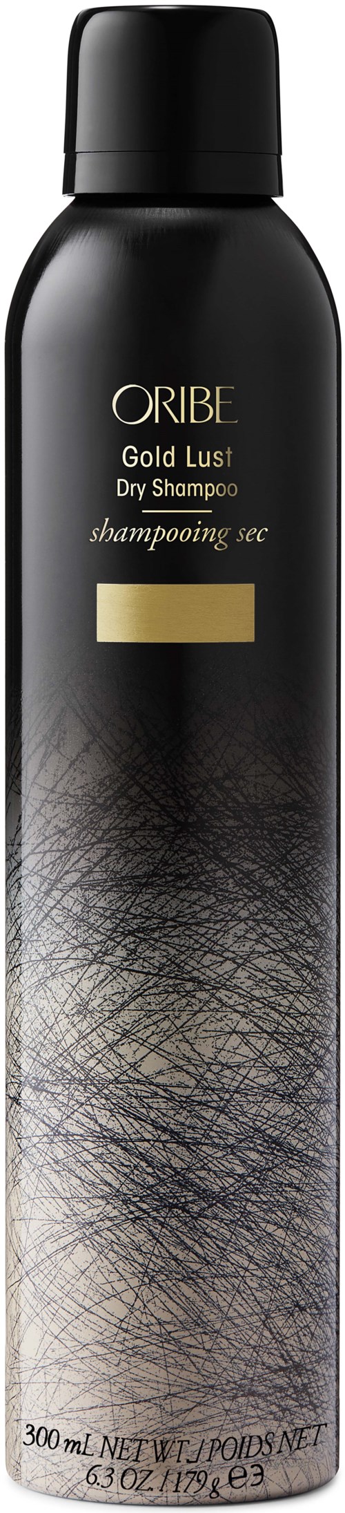 En svart flaske med gull- og hvit tekst, merket som Oribe Gold Lust Tørrsjampo, 300 ml.