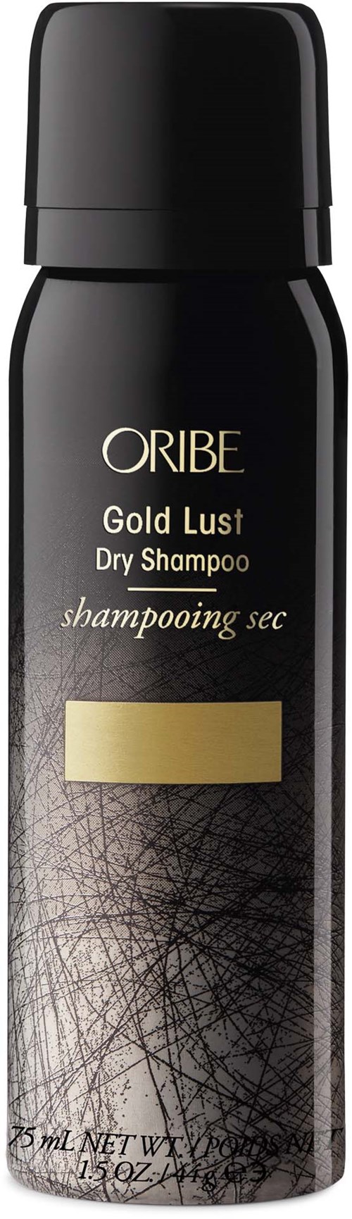 Een zwarte fles Oribe Gold Lust Droogshampoo met gouden en grijze label en zwarte dop.