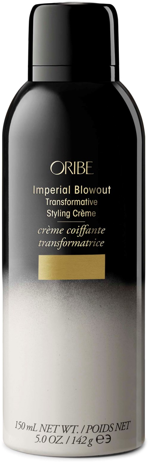 En svart flaska med Oribe Imperial Blowout stylingkräm med guld- och vita inslag, 150 ml kapacitet.