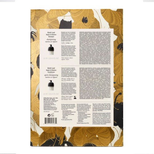 A product label with text and small images, surrounded by a floral or leaf pattern in gold and black.