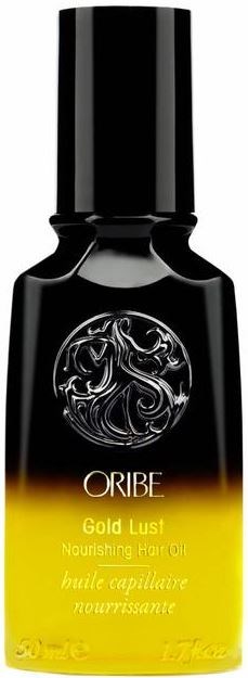 Een zwart-gele fles Oribe Gold Lust voedende haarolie met rond logo en tekst.