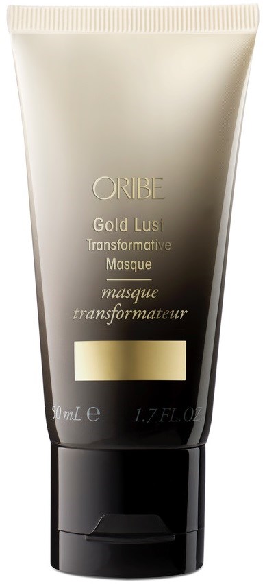 Putki Oribe Gold Lust Transformative Masque, kultainen ja musta pakkauksessa, kultaiset kirjaimet ja flip-top korkki.