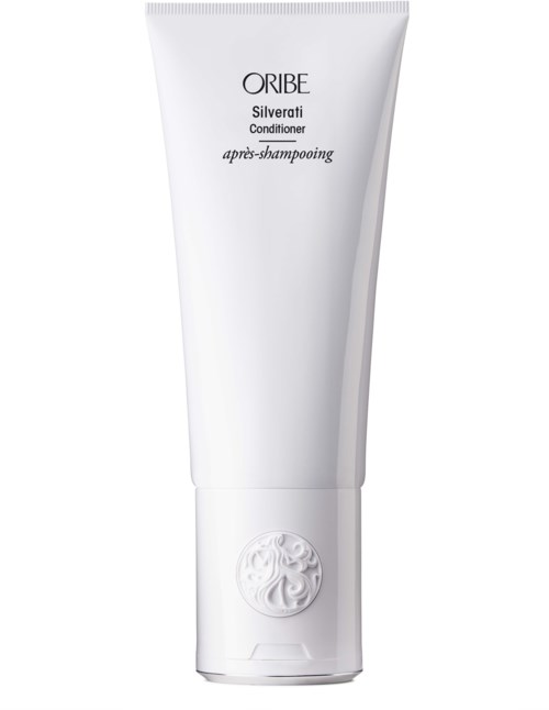 White tube of Oribe Silverati conditioner with black text and design on a white background.