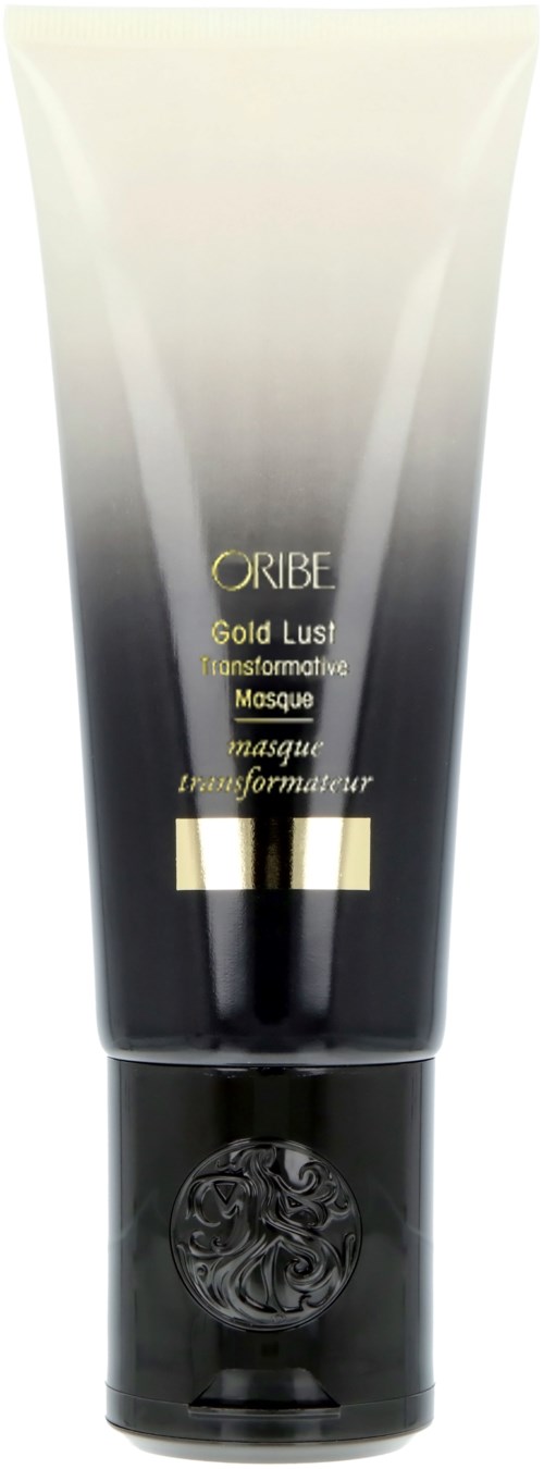 Musta ja kultainen putki, jossa lukee 'Oribe Gold Lust Transformative Masque' hiushoitoon.