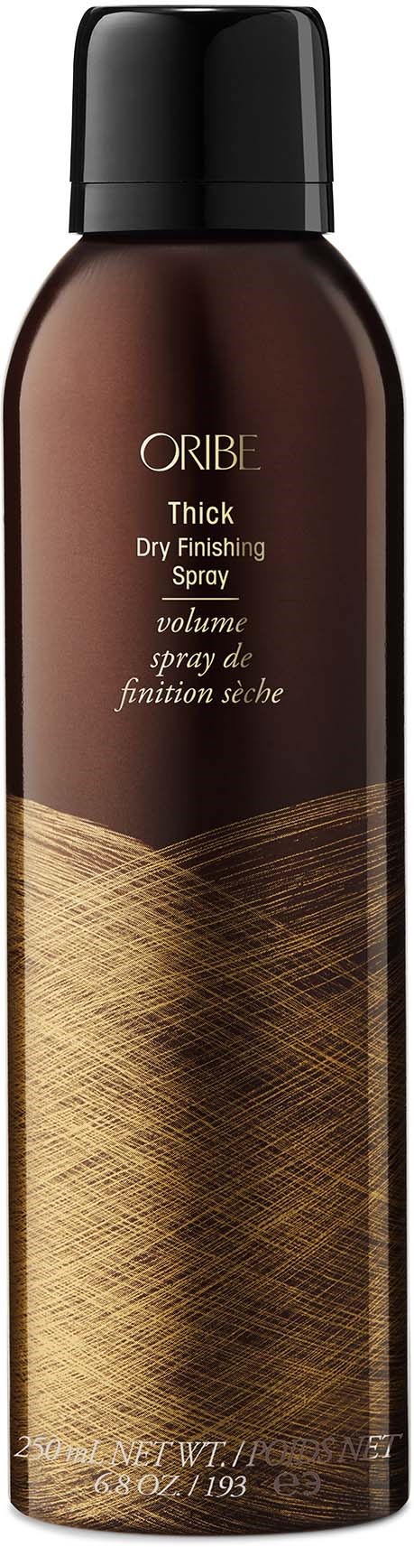 A brown can with a black cap, labeled 'ORIBE Thick Dry Finishing Spray' for hair volume.