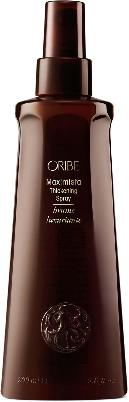 A brown spray bottle with a pump, labeled Oribe Maxmisa Thickening Spray, designed for hair styling.