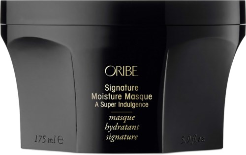 En svart beholder med gulltekst viser Oribe Signature Moisture Masque for hårpleie. Den er 175 ml eller 5,9 fl oz.