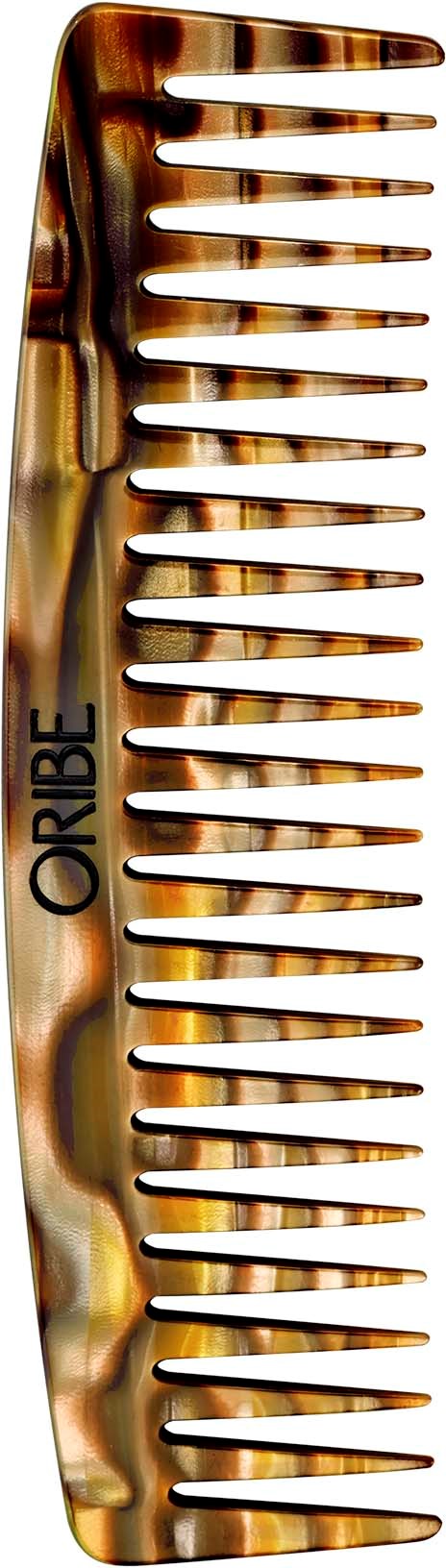 Een grote haarborstel met bruin en beige kleuren, met de merknaam ORIBE erop.