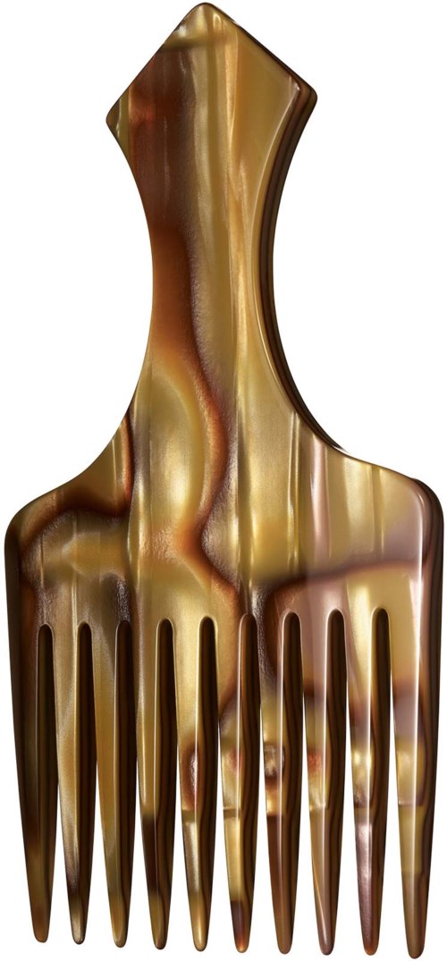 Een brede decoratieve haarkam met een marmerachtig bruin en goud patroon, met lange, gelijkmatig verdeelde tanden.