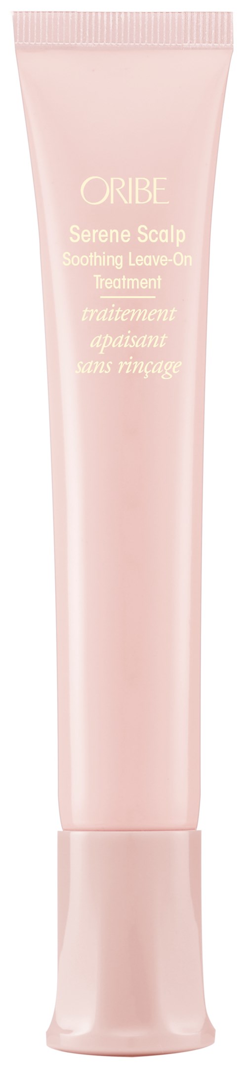 En rosa tube med Oribe Serene Scalp-behandling med tekst på.