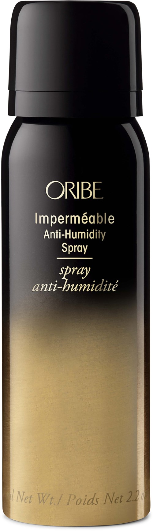 Een zwarte en gouden sprayfles met Oribe Anti-Humidity Spray voor haar.