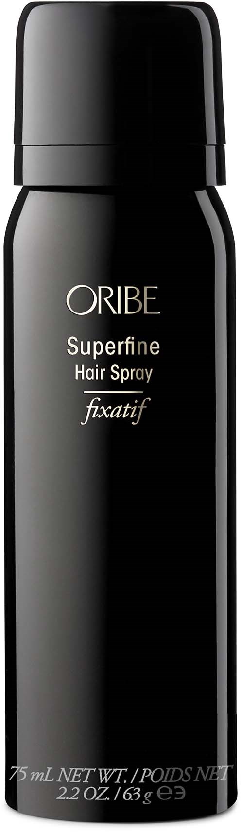 Eine schwarze Sprühdose mit weißen Text, gekennzeichnet mit Oribe Superfine Hair Spray, Größe 75 mL.