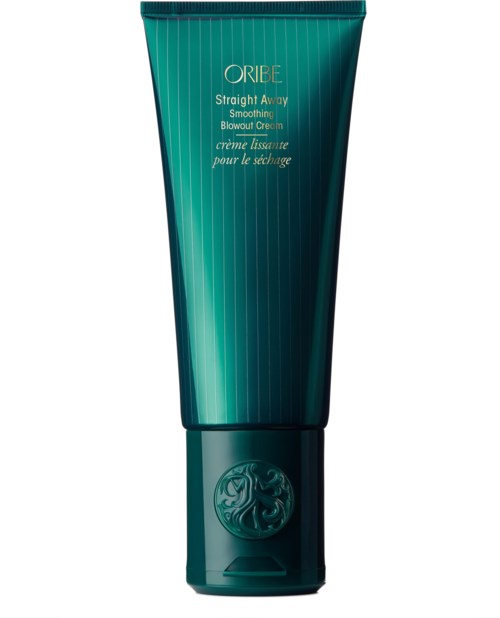 En grön tub med Oribe stylingprodukter för att jämna ut håret, med lock som kan öppnas och varumärkeslogga.