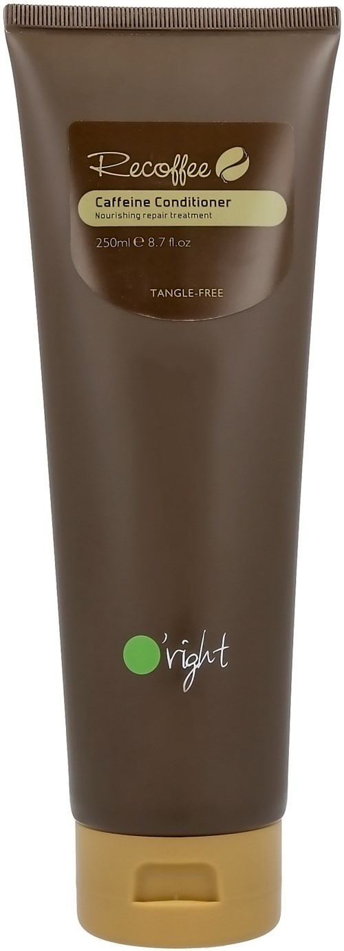 En brun tub med Recoffe koffeinbalsam, 250 ml, märkt som knoppfri. Enkel design med grön prick och text.