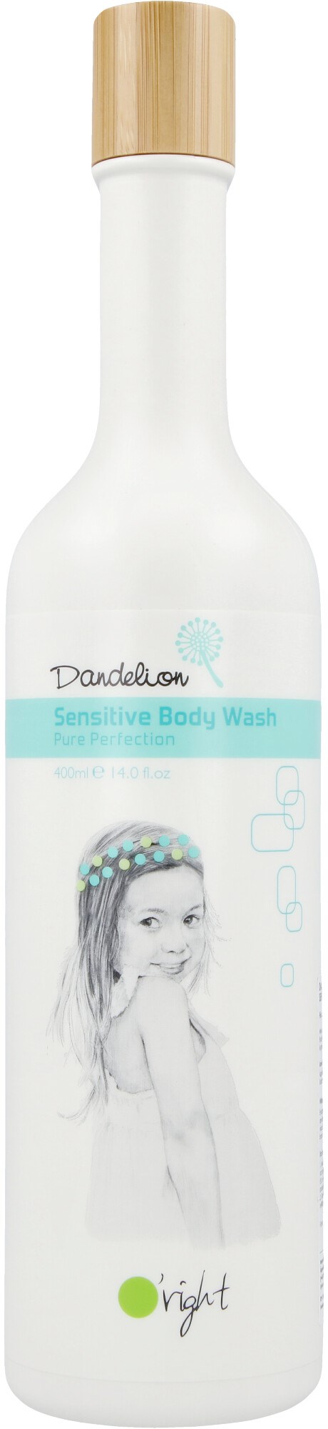 En vit flaska med en trätopp, märkt 'Pandeloo Sensitive Body Wash', med en illustration av en flicka med headband.