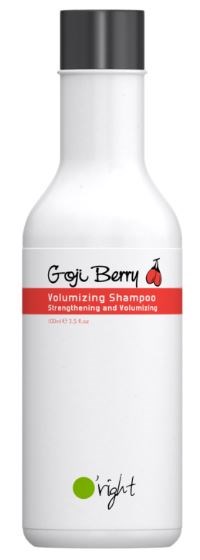 En hvit flaske med svart lokk, merket Goyi Berry Volumizing Shampoo, som fokuserer på styrke og volum.