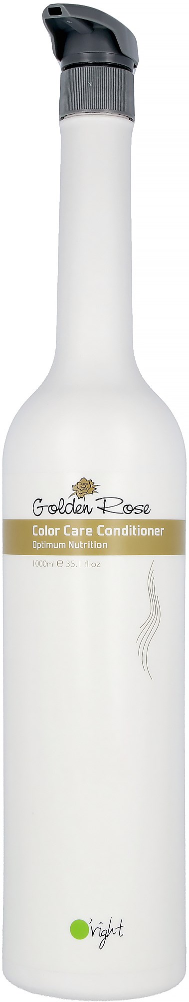 En lång vit flaska med svart sprayhuvud, märkt "Golden Rose" för färgvårdsbalsam.