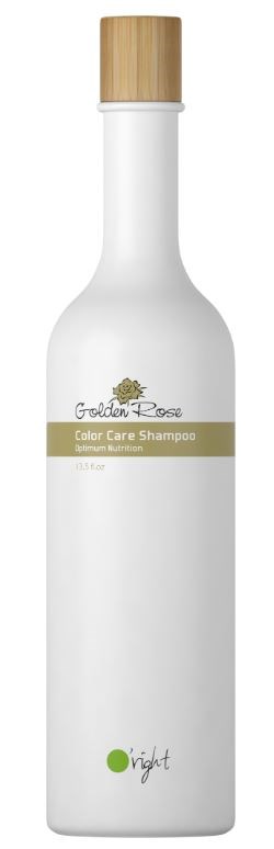 En vit flaska med ett trälock, märkt Golden Rose Color Care Shampoo, står vertikalt.