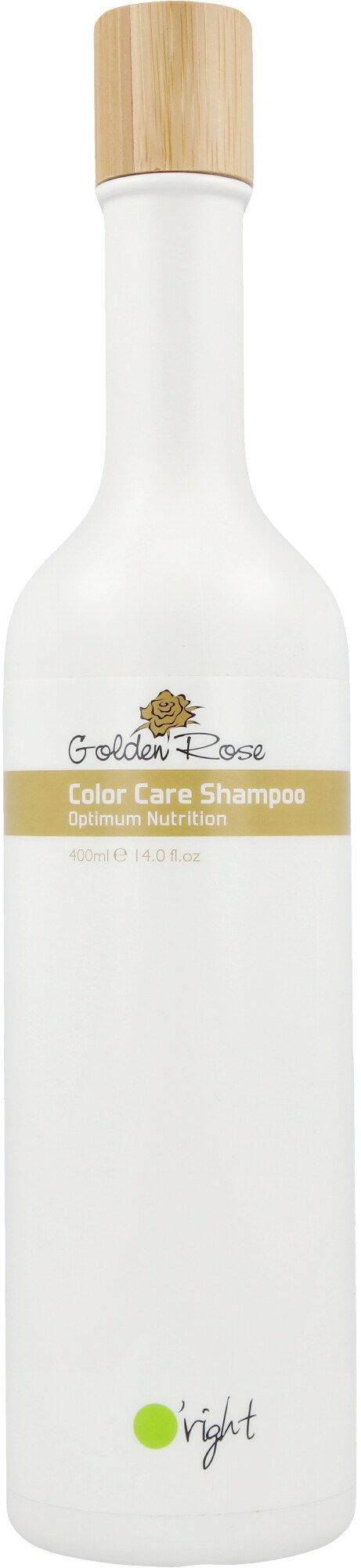 En vit flaska med ett trätopplock, märkt Golden Rose Color Care Shampoo för hårvård. Den har en enkel design.
