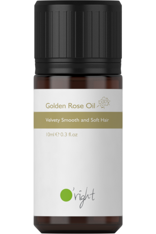 En liten brun flaska med svart lock, etiketten säger 'Golden Rose Oil' för mjukt hår, 10ml.