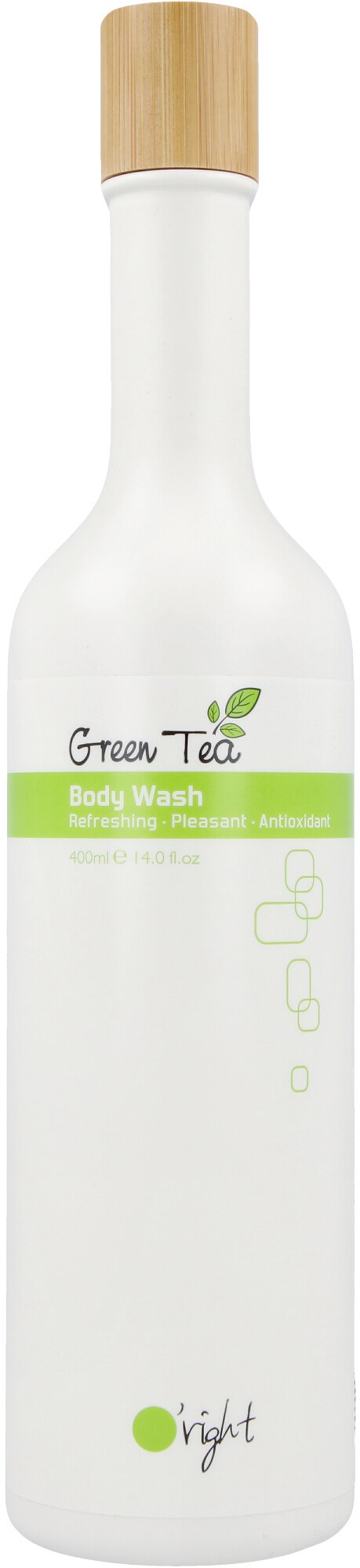 En hvit flaske med trelokk, merket "Green Tea Body Wash," beregnet for personlig hygiene.