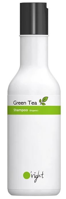 En hvit sjampo flaske merket Green Tea, med svart lokk og grønn og svart tekst.