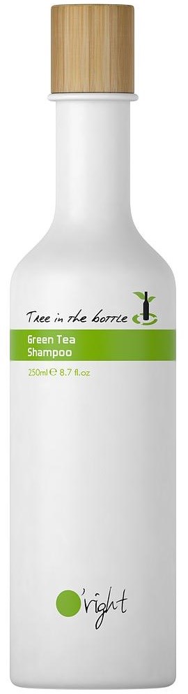 Vit schampoflaska med trälock, etiketten säger 'Green Tea Shampoo', liten logga längre ner.