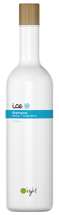 En hvid flaske med wooden cap, mærket som ice-shampoo til afkølende og opkvikkende hår.