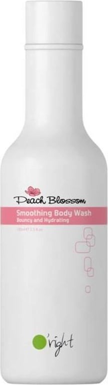 Vit flaska med rosa etikett, står Peach Blossom Smoothing Body Wash, för mjuk och återfuktad hud.