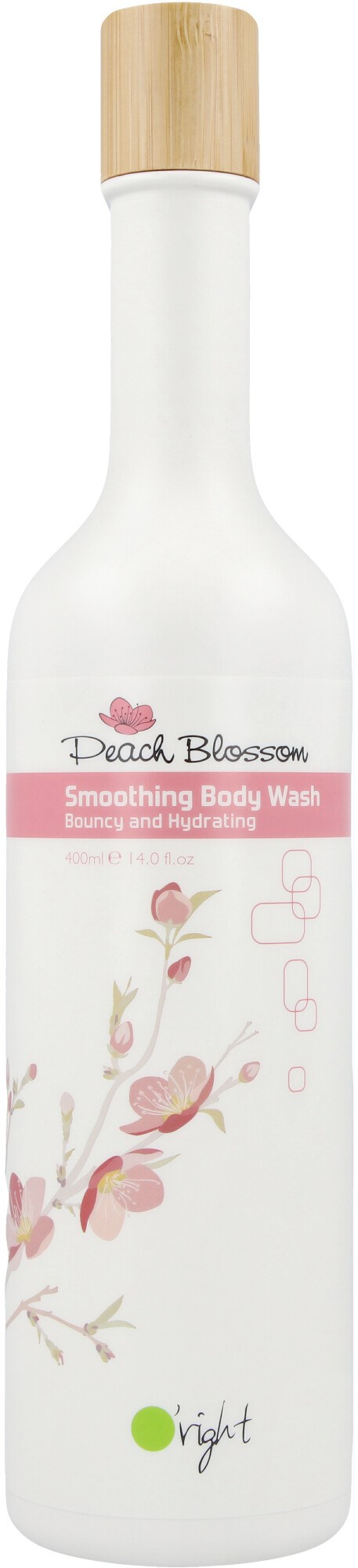 En lång, vit flaska med ett naturligt trälock, rosa blomillustrationer och en rosa etikett med texten "Peach Blossom."