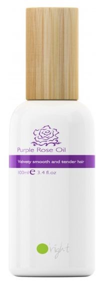 En vit flaska med ett trädgummiprov, märkt 'Purple Rose Oil' för hår, med lila och gröna detaljer.