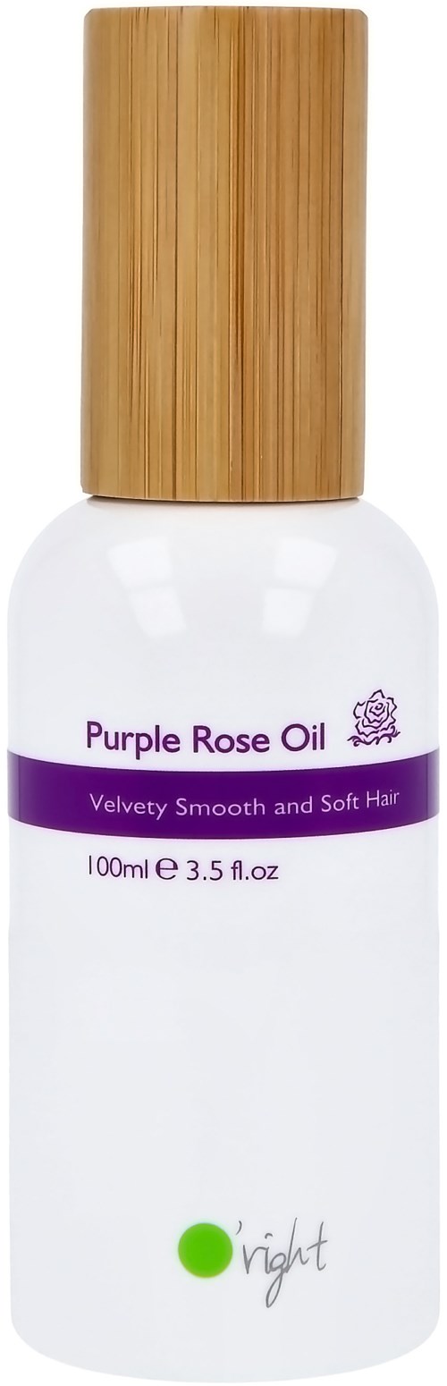 En vit flaska med ett trälock, märkt 'Purple Rose Oil' för jämnt, mjukt hår, innehåller 100 ml.