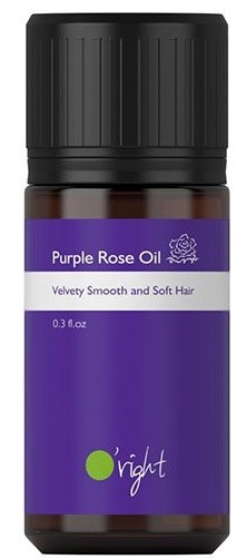 En liten brun flaska märkt 'Purple Rose Oil' med en lila och vit etikett, avsedd för hårvård.