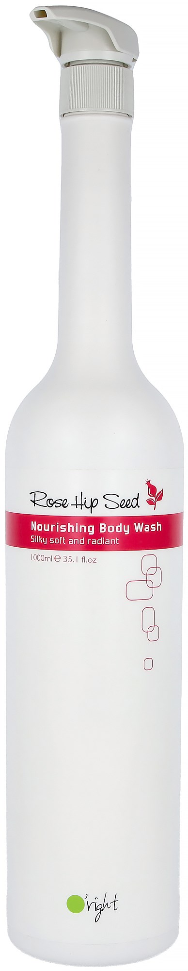 En lång vit flaska med pumpkran, märkt 'Rose Hip Seed Nourishing Body Wash' och små rosa och röda detaljer.