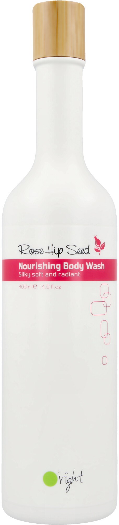 En hvid flaske med træhoved, mærket 'Nourishing Body Wash' med pink og sort tekst, og et lille pink blad.
