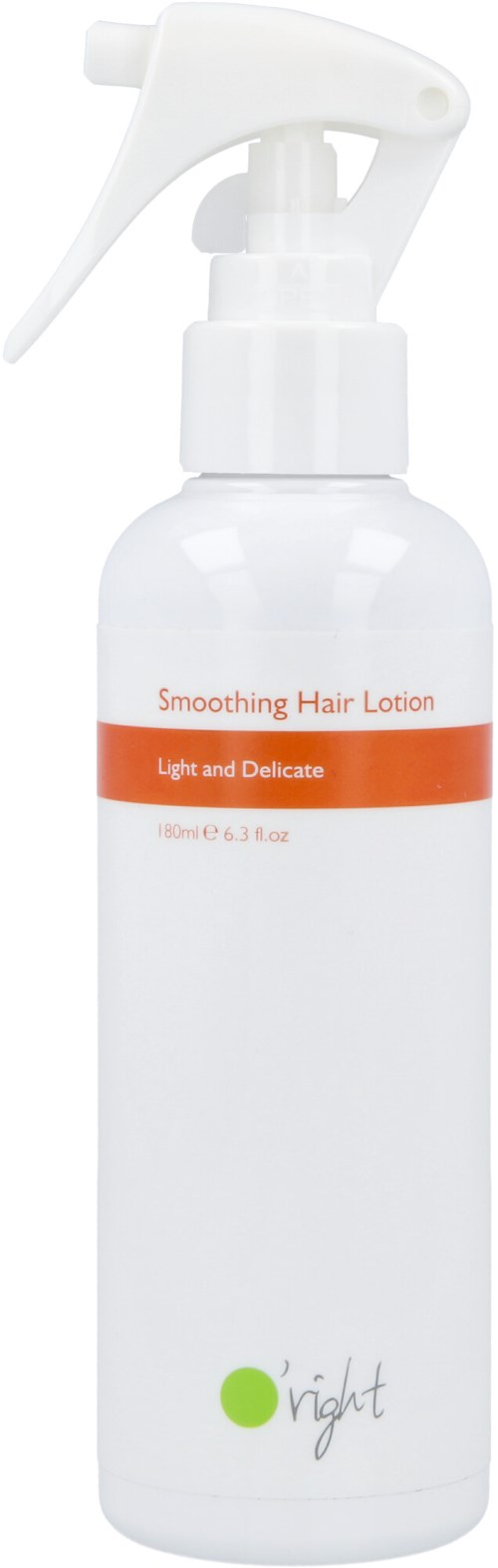 En vit sprayflaska märkt 'Smoothing Hair Lotion' med en orange och vit kam.