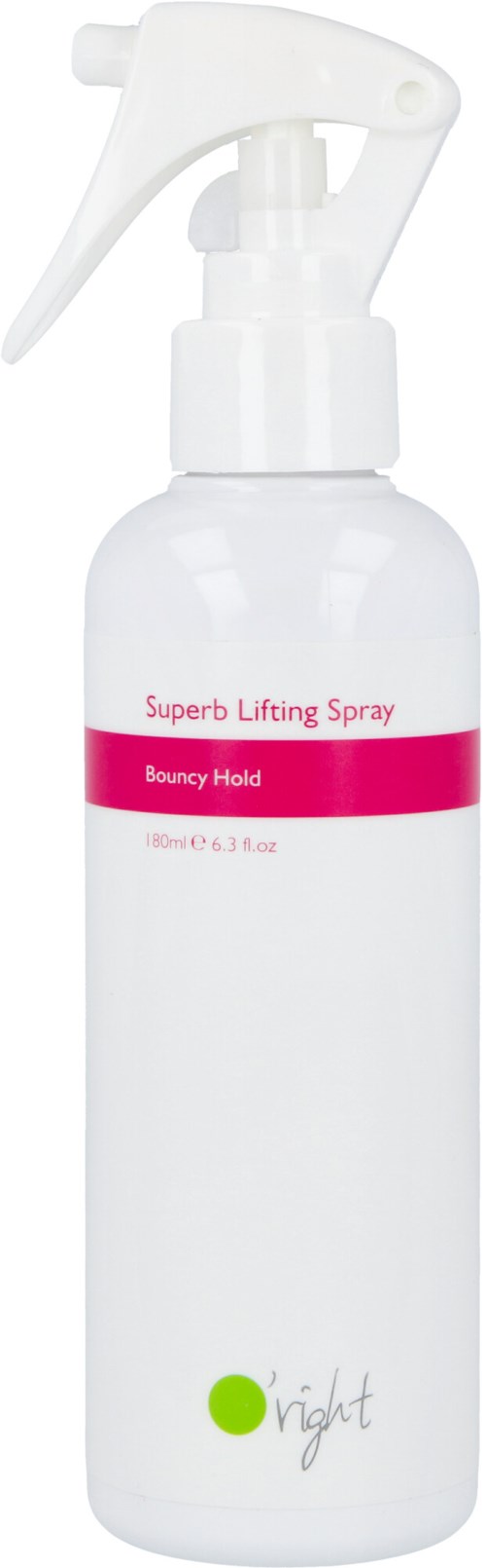 En vit sprayflaska med rosa etikett med texten 'Superb Lifting Spray Bouncy Hold'.