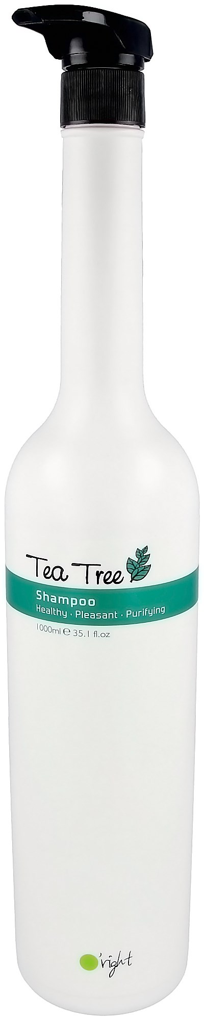 En vit schampoflaska med svart pump och en grön etikett som säger 'Tea Tree' och 'shampoo'.