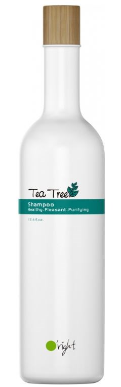 En hvit flaske med treskruelokk, merket 'Tee Tree Shampoo' for sunt, rensende hår. Enkel og ren design.