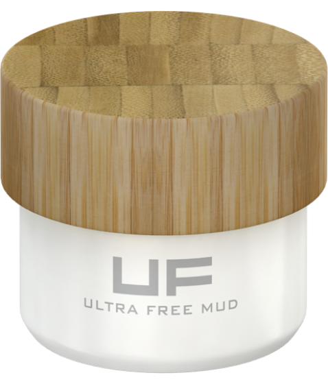 En behållare med ett trälock och en vit bas som säger 'ULTRA FREE MUD'.