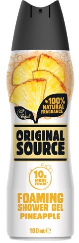 Skummande duschgel med ananasdoft i en vit och svart flaska. Den är mjuk och luktar fräscht.