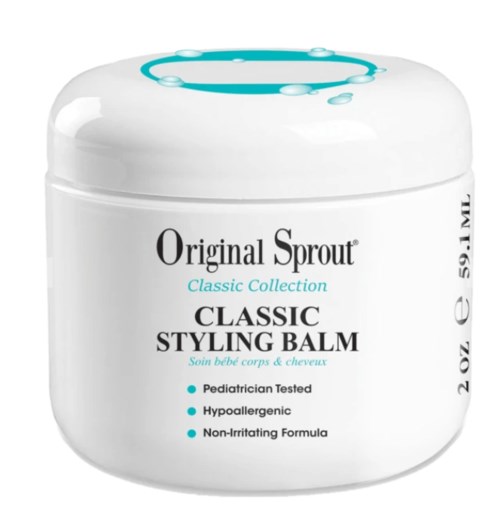 Biały słoik z napisem 'Original Sprout Classic Styling Balm' na niebiesko, dla dziecięcej pielęgnacji włosów.