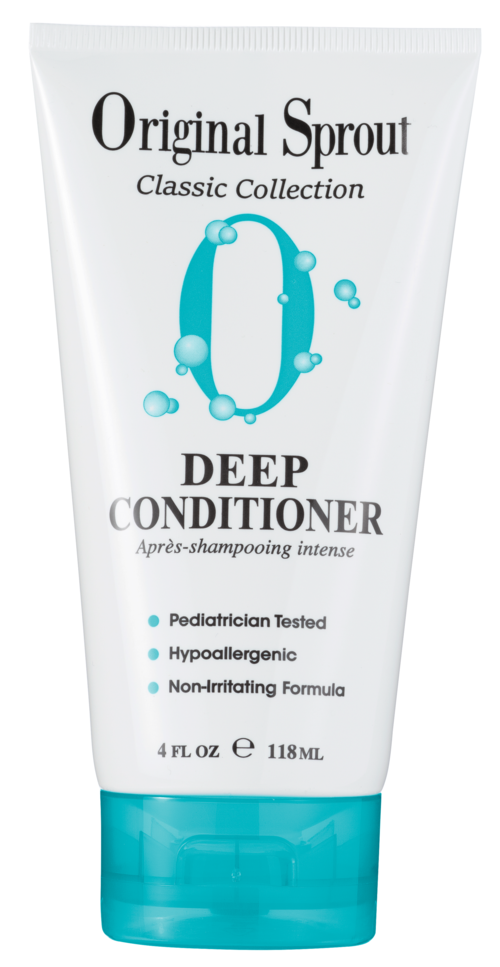 Biała tubka Deep Conditioner od Original Sprout z niebieskimi akcentami, tekstem i bąbelkami. Do pielęgnacji włosów.