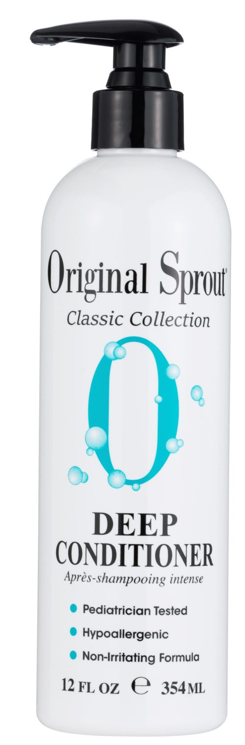 Biała butelka z czarnym dozownikiem; etykieta mówi Original Sprout Deep Conditioner, testowany przez pediatrów, hypoalergiczny, niepodrażniający.