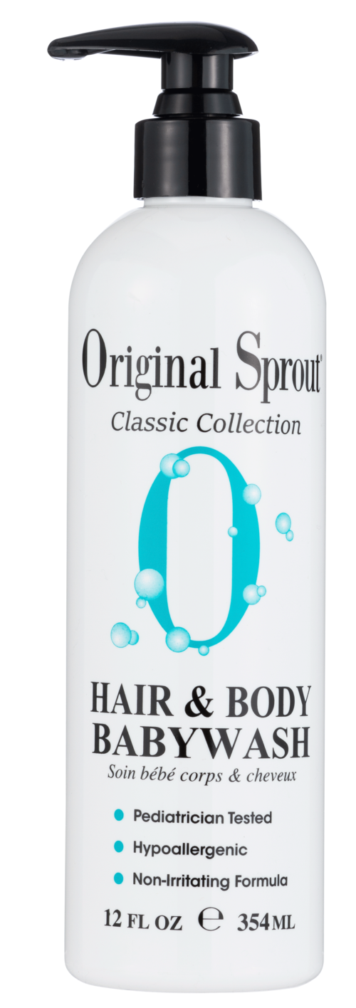 Biała butelka z czarnym dozownikiem, oznaczona 'Original Sprout', do mycia ciała i włosów dziecięcych, z jasnoniebieskimi bąbelkami i tekstem.
