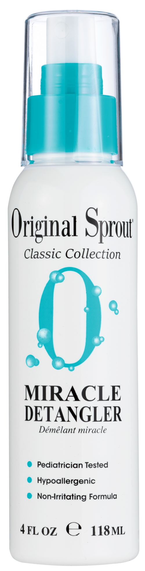 Biała butelka z turkusowym dozownikiem, oznaczona 'Original Sprout Miracle Detangler,' z bąbelkami i niebieskimi akcentami.