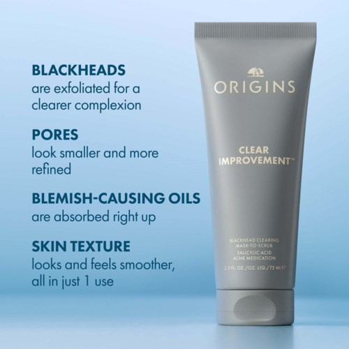 Texten förklarar fördelarna med Origins Clear Improvement-masken för klarare hud, färre pormaskar, mindre porer och slätare struktur.