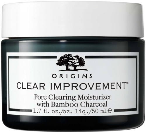A black jar with a white lid, labeled 'Origins Clear Improvement Pore Clearing Moisturizer with Bamboo Charcoal'