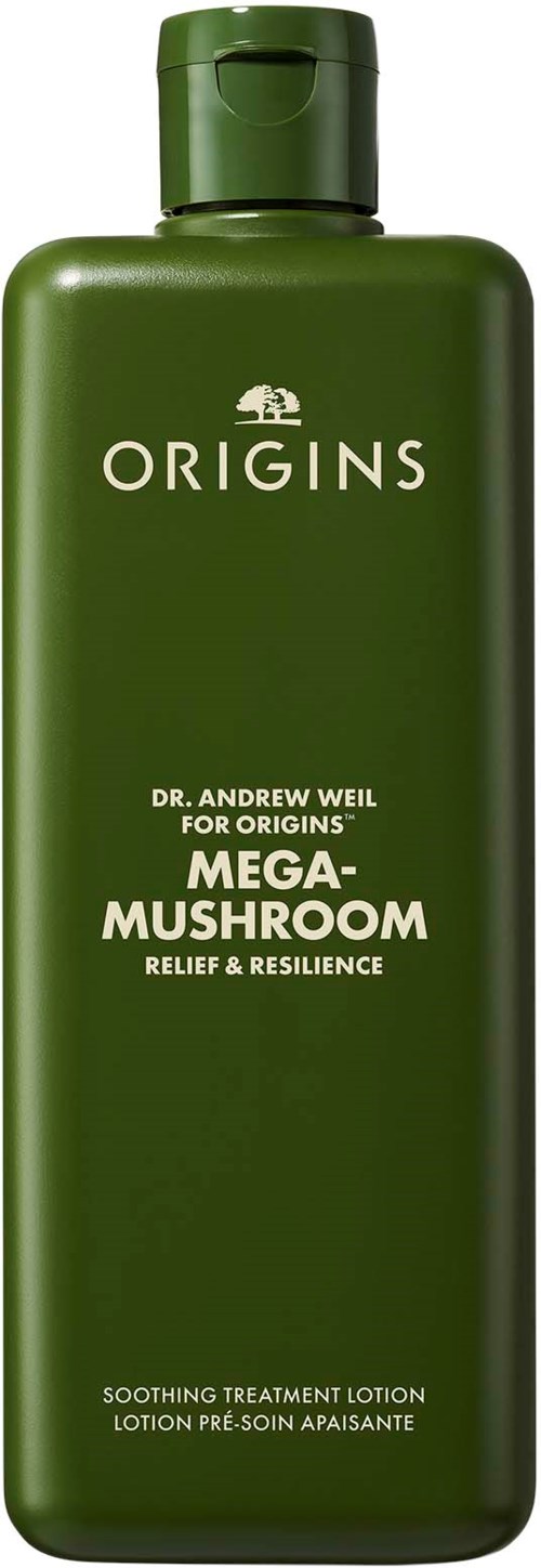 Zielona butelka z lotionem Mega-Mushroom od Origins Dr. Andrew Weila do łagodzenia skóry i odporności.